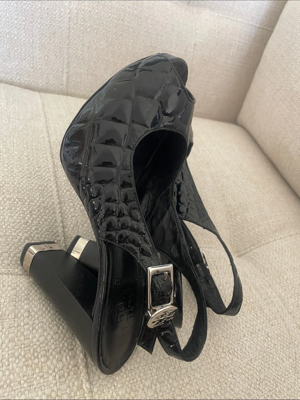Tory Burch Black Patent Croc-Embossed Peep-Toe Slingback Heels